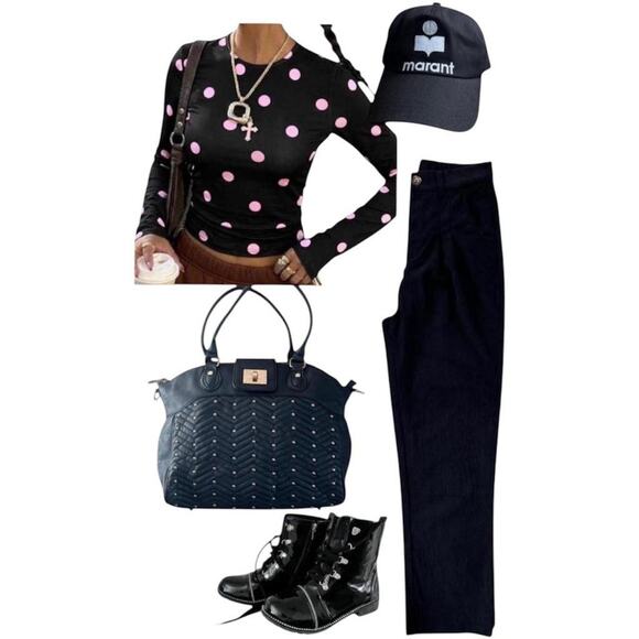 Other Tops - Black Pink Polka Dot Long Sleeve Top Y2K Basic Stretch Minimalist Women's Small